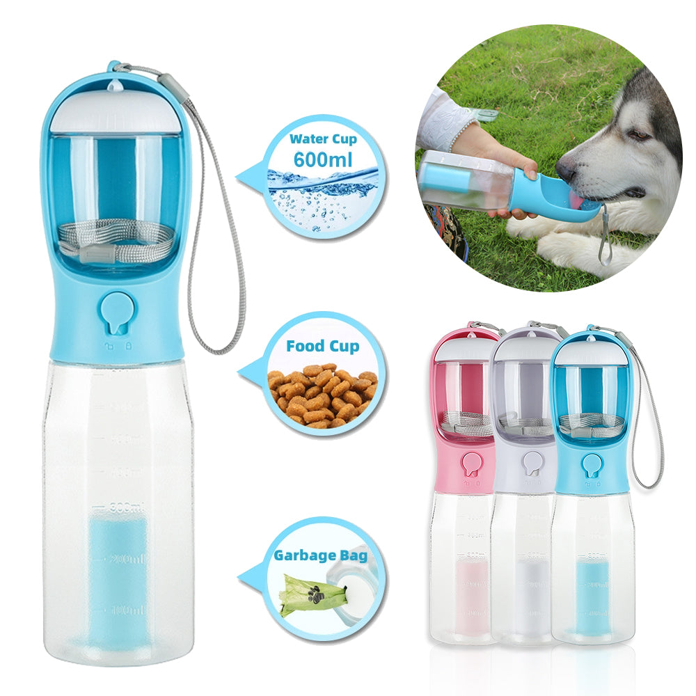 Bouteille d'eau portable 3 en 1 pour chien - avec distributeur de nourriture + sachets de déjections
