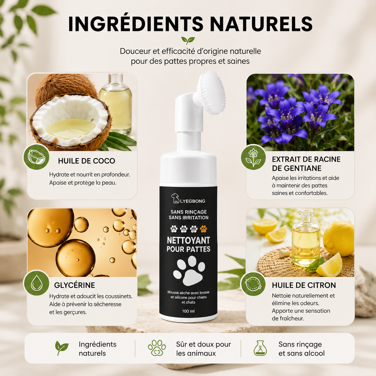 Nettoyant en mousse 100 ml pour pattes de chien et de chat sans rinçage