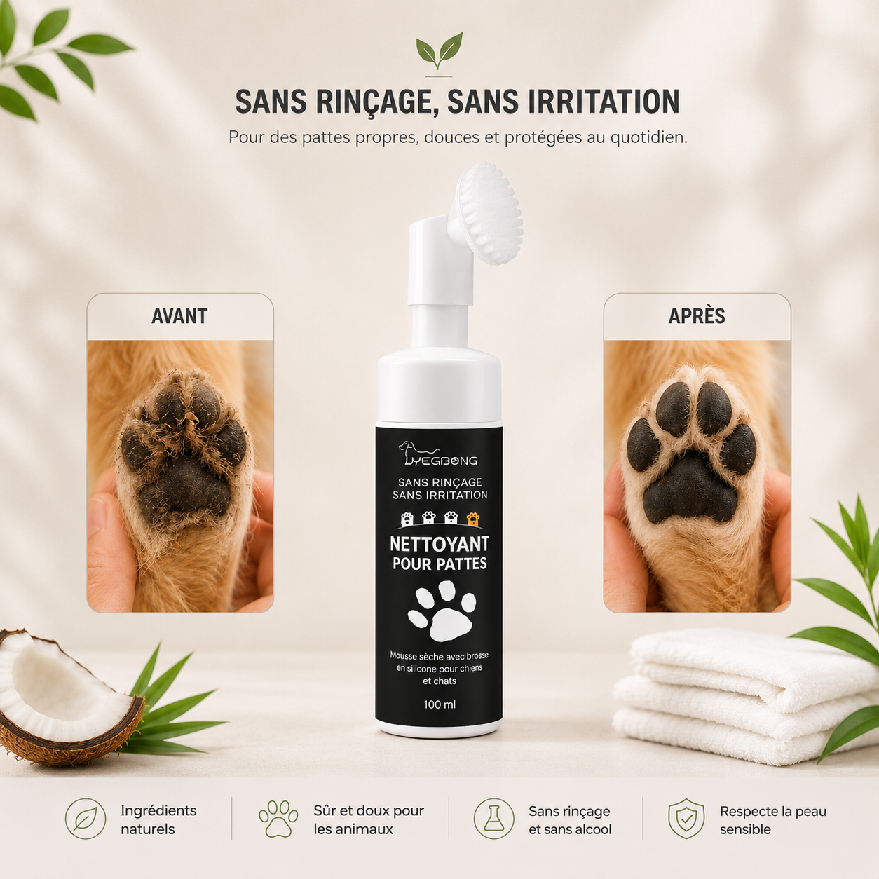 Nettoyant en mousse 100 ml pour pattes de chien et de chat sans rinçage